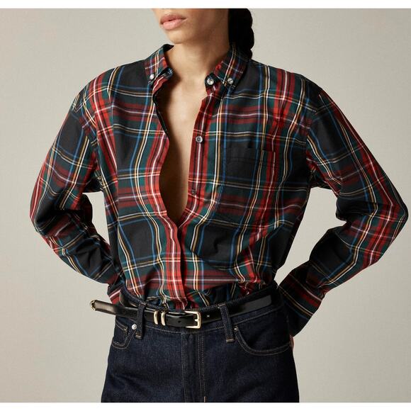 J. Crew Tops - J. Crew Embellished Garcon Button Up Cotton Shirt in Tartan Plaid Poplin Green 6